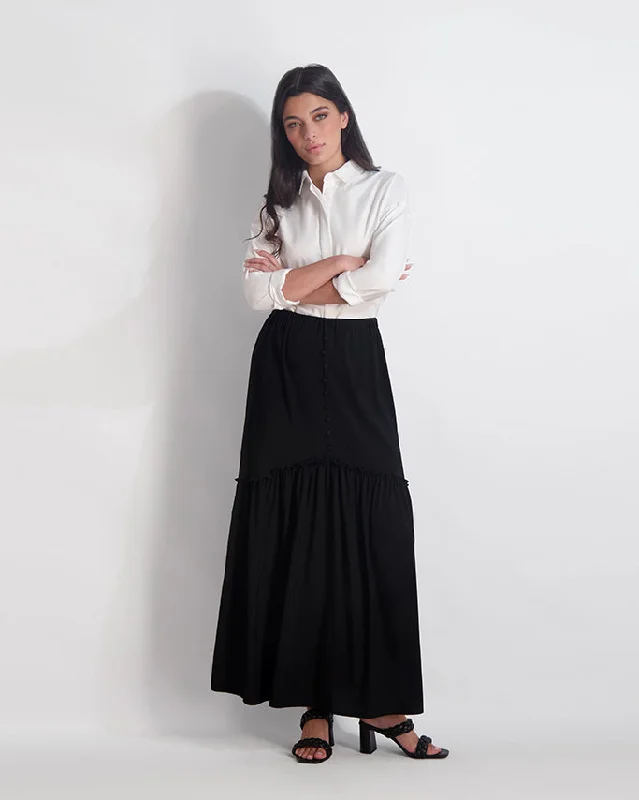 BUTTON FRONT PRARIE SKIRT- BLACK