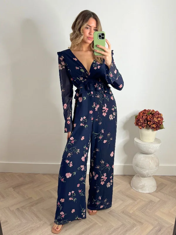 Harper Frill Wide Leg Jumpsuit in Navy Floral