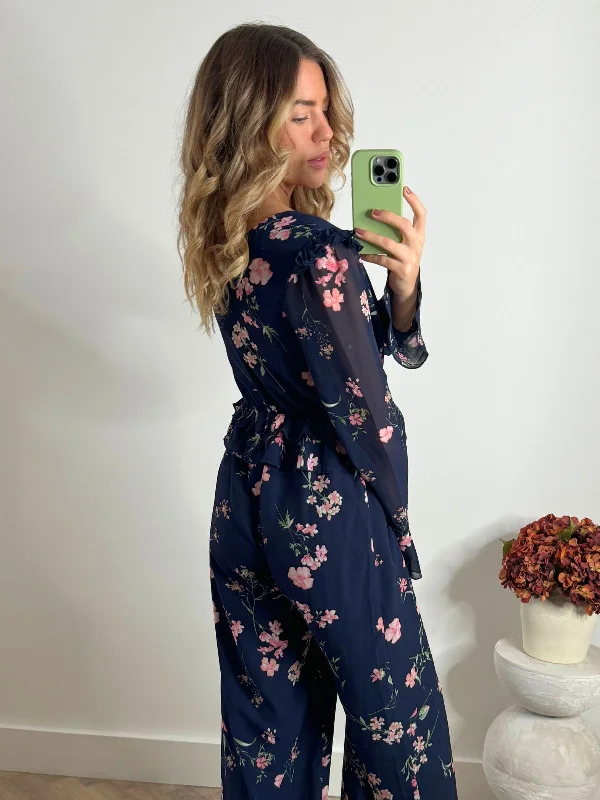 Harper Frill Wide Leg Jumpsuit in Navy Floral