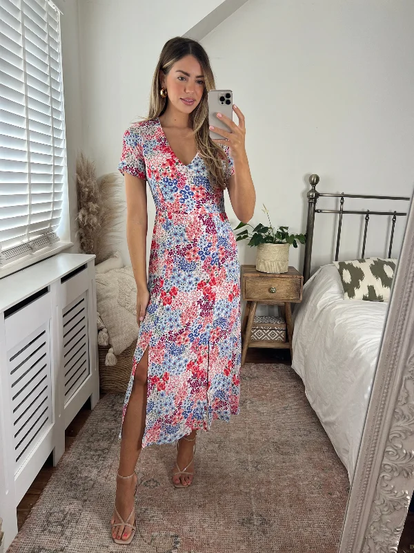 Winnie V Neck Midi Dress /  Red White Blue Ditsy Floral