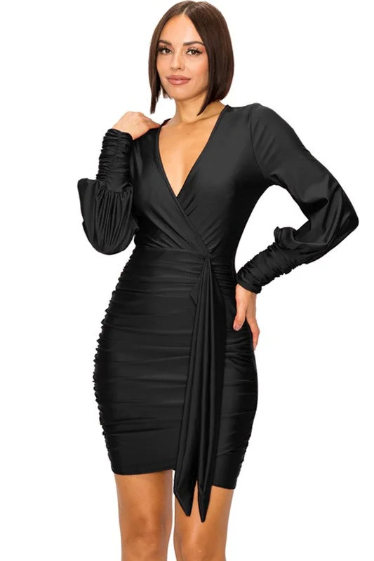 Anastasia, Long sleeve wrap belted shirred dress