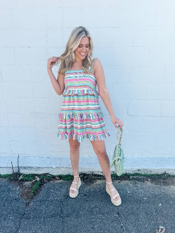 Colorful Stripe Ruffle Dress