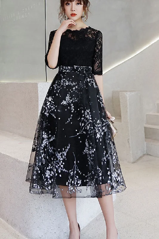 Half Sleeve Lace Top Contrast Midi Dress