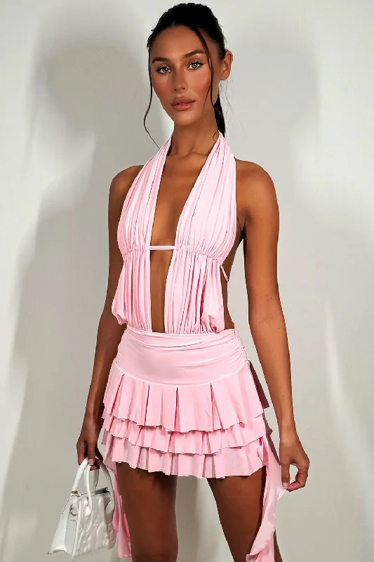 Halter Neck Plunge Ruffly Festival Dress Pink