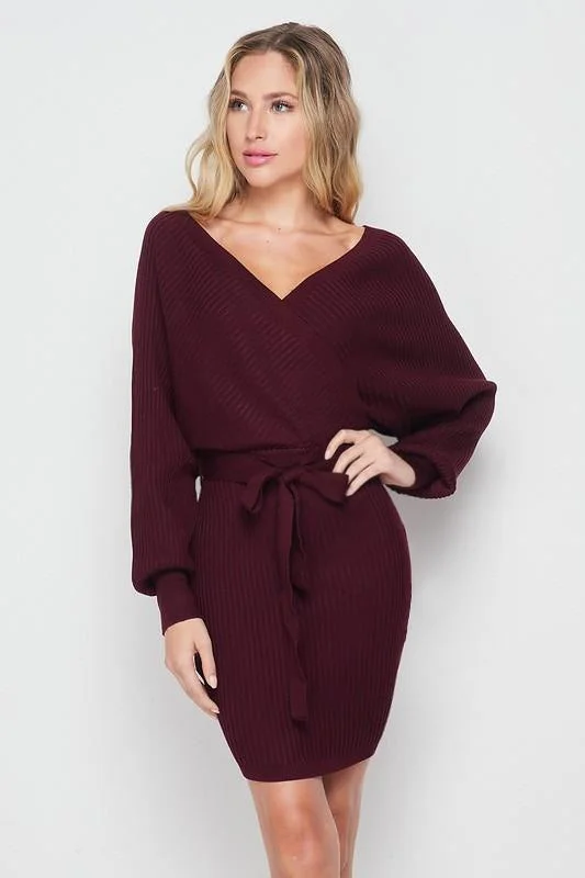 Maya, Off Shoulder Wrap Belted Ribbed Knit Dress