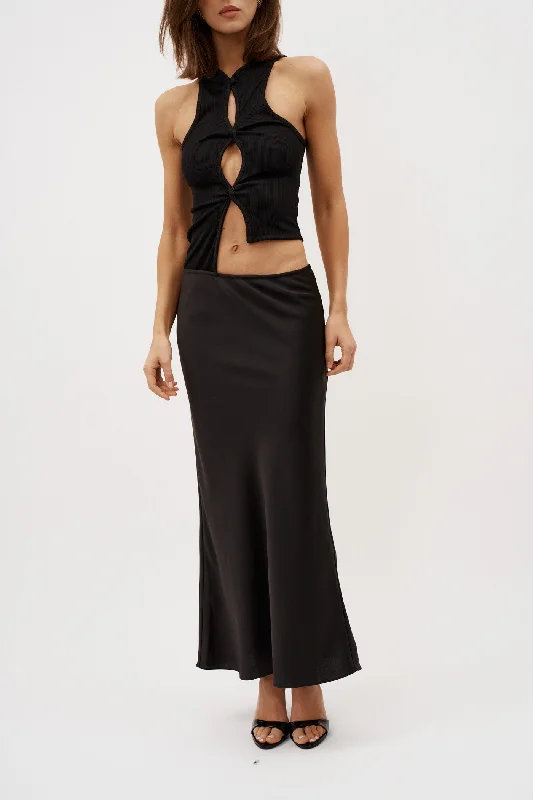 Open Twist Satin Tank Black Dress