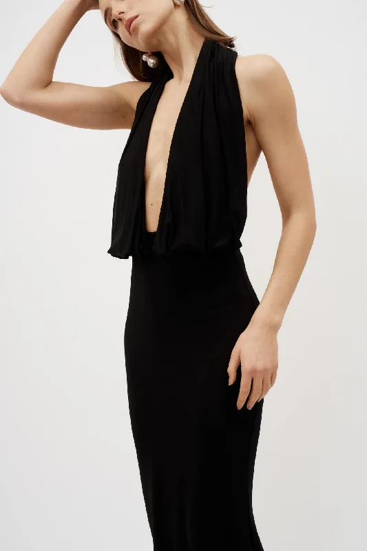 Plunge Halter Black Jersey Gown