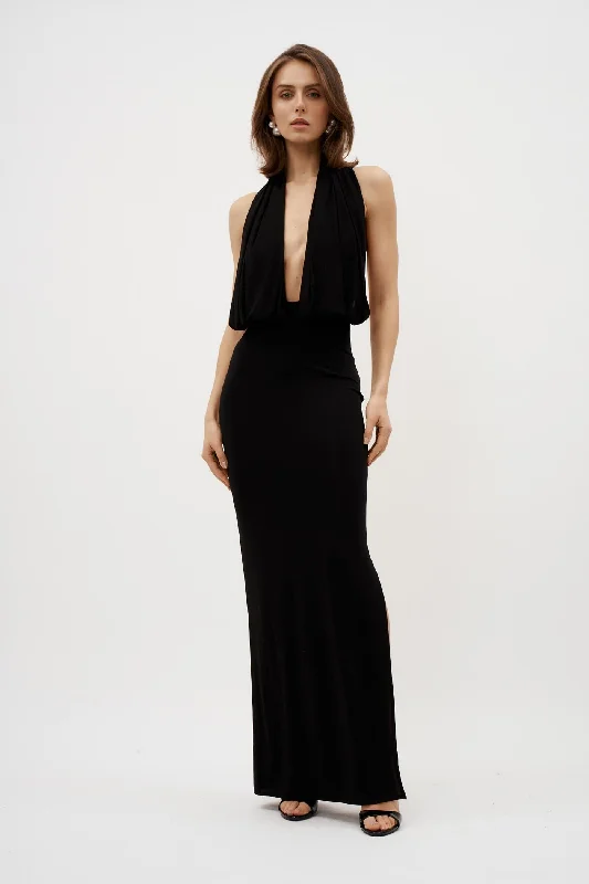 Plunge Halter Black Jersey Gown