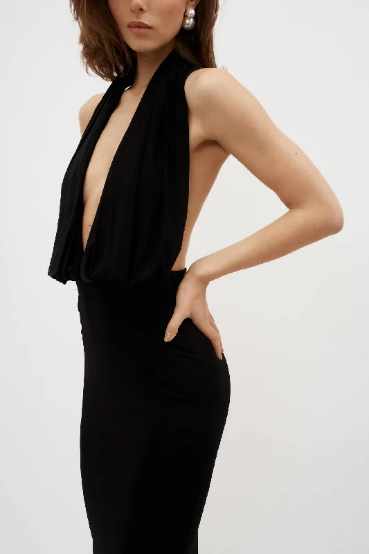 Plunge Halter Black Jersey Gown