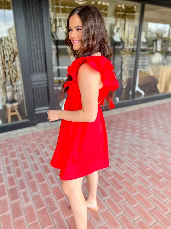 Ruffle Sleeve Mini Dress with Tie Back Detail-Red