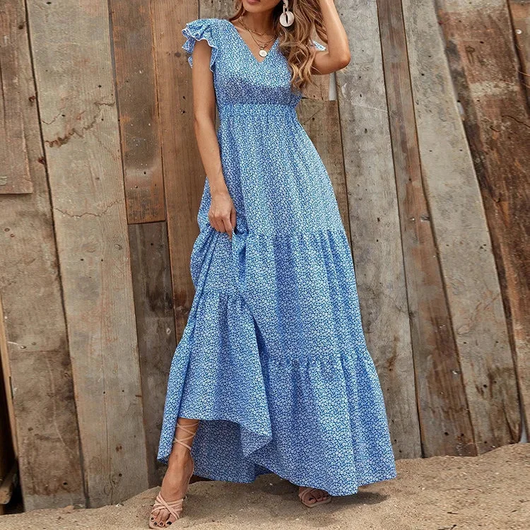 DressBetty - 2024 V Neck Bohemian Patchwork Ruffles Maxi Dress Boho Dress