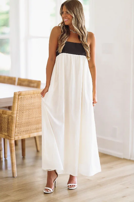 The Way to My Heart Linen Maxi Dress - Cream and Black