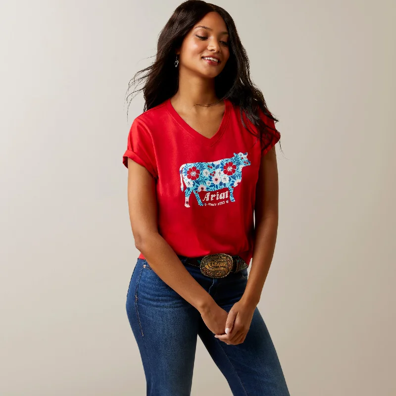 10045086 Ariat Women's Flower Cow SS Tee Equestrian Red