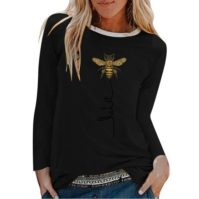 FashionSierra - Bee Printing Long Sleeve Graphic Tees