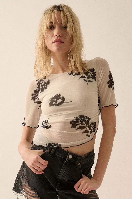 Deco Blooms Floral Mesh Cropped Asymmetrical Top