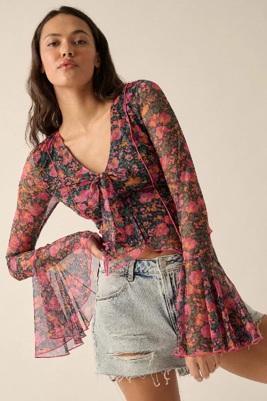 Fabulous Flowers Floral-Print Mesh Bell-Sleeve Top