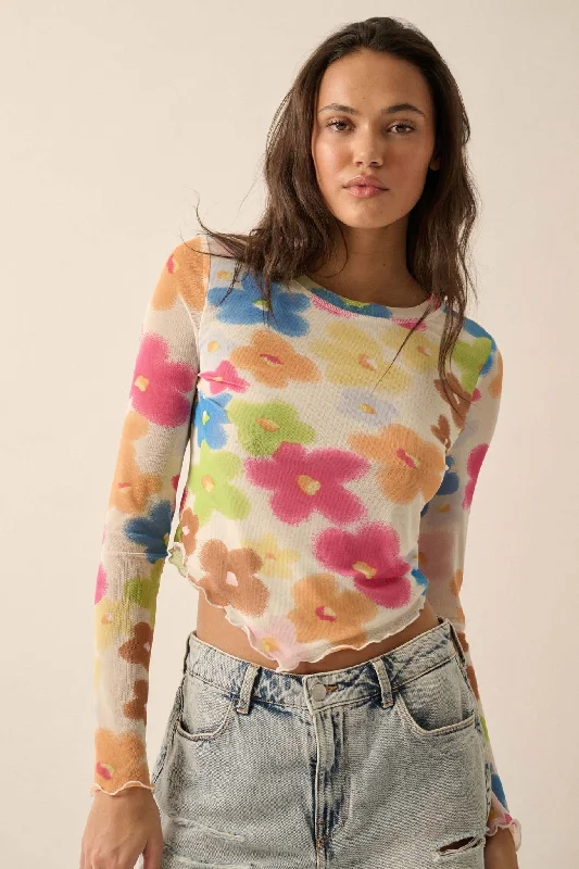 Flower Fest Floral Mesh Long-Sleeve V-Hem Top