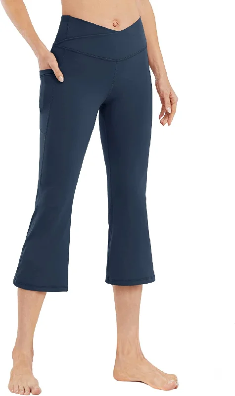 FashionSierra - Cross High Waisted Bootcut Capris for Women Flare Yoga Pants with Pockets