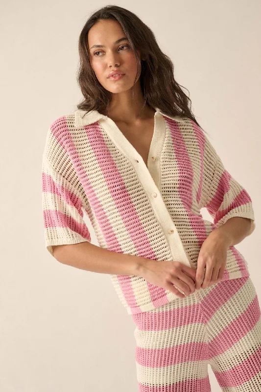 Knit Wit Striped Crochet Knit Button-Front Shirt