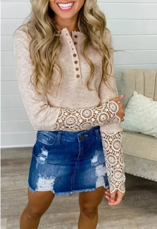 FashionSierra - Lace Splicing Long Sleeve T Shirt