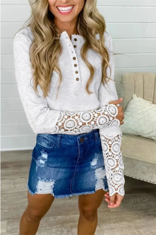 FashionSierra - Lace Splicing Long Sleeve T Shirt