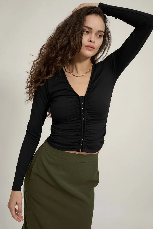 Lifted Fit Ruched Hook-Front Long-Sleeve Top