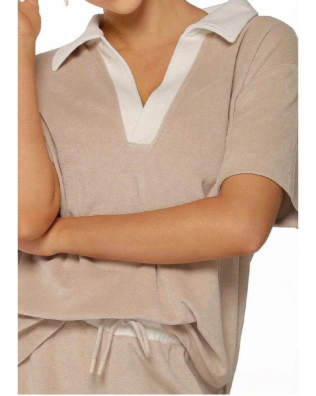 Lorna Jane Terry Towelling Cropped Polo Tee - Beige