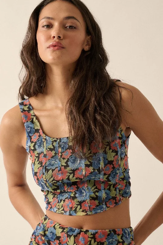 Midnight Blooms Floral Mesh Cropped Corset Top