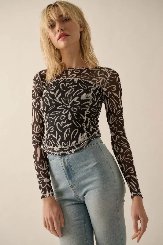 Modern Blossoms Floral-Print Mesh Exposed-Seam Top