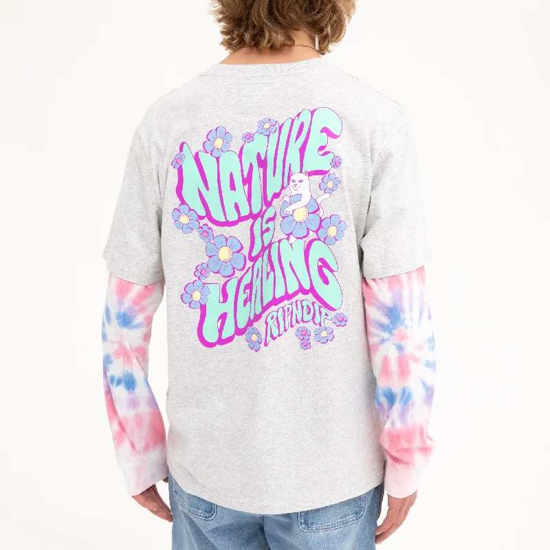 Nature Is Healing Double Sleeve Tee (Ash Heather/Pink)