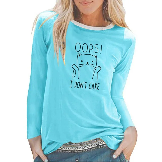 FashionSierra - Oops Don't Care Cat Print Long Sleeve Tee