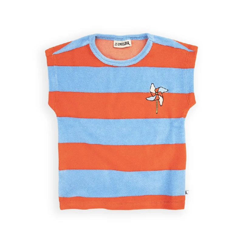 Red / Blue Stripes Boxy Terry Short Sleeve Shirt With Embroidery