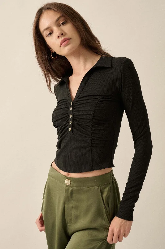 Ribbed Knit Ruched Collared Henley Top