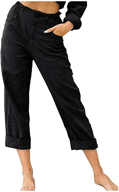 FashionSierra - Linen Buttons Cropped Pants High Elastic Waist Stretch Capris Casual Work Crop Pants