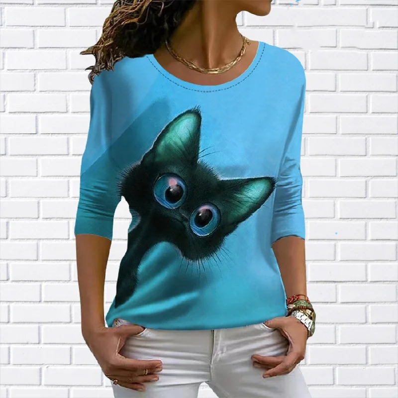 FashionSierra - Long Sleeve Tops Cute Cat Graphics 3D Print Tees