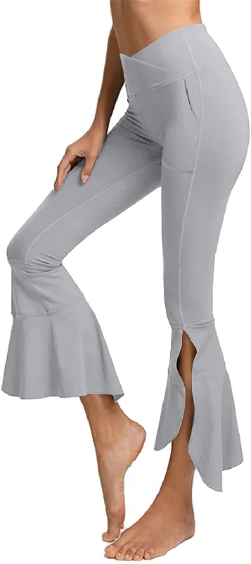 FashionSierra - Capri Yoga Pants Cross High Waisted Cropped Slit Flared Ruffle Bottom